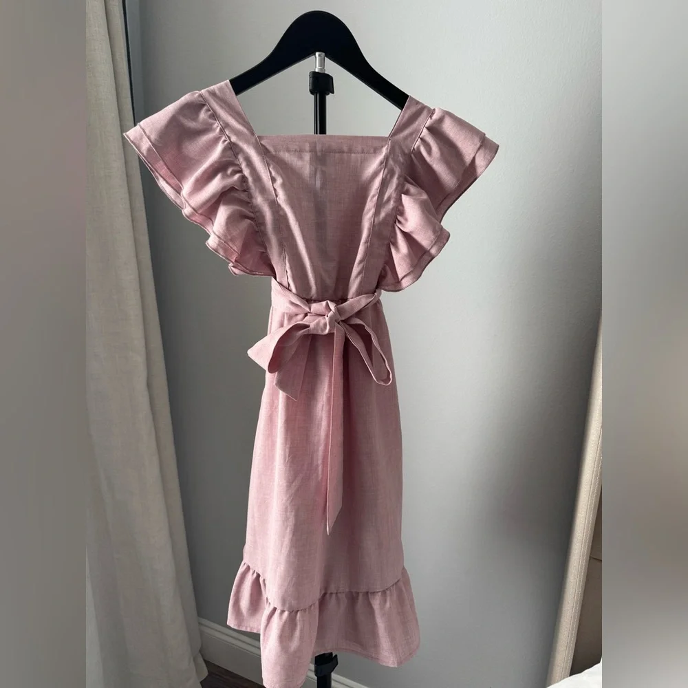 Pink Ruffled Kids Dress-Linen - Picture 4 of 6